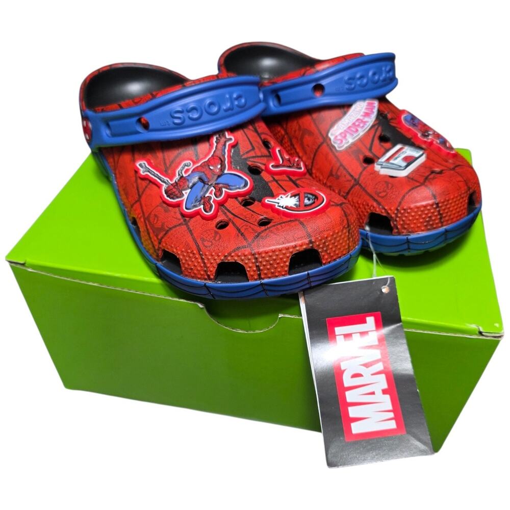Crocs Marvel Spider-Man Spiderweb Clog Kids J4 Red Blue Jibbitz NEW Box